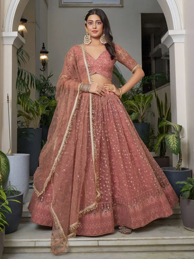 Stunning Rose Gold Embroidered Net Wedding Wear Lehenga Choli - Ethnic Plus In